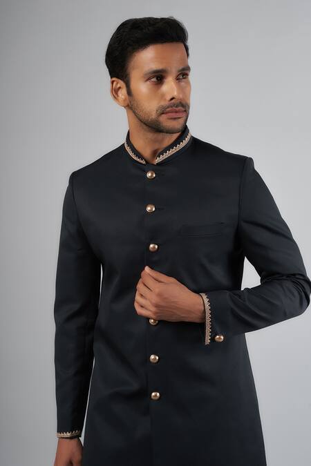 Buy_Spring Break_Blue Silk, Cotton Embroidery Sherwani Pant Set _Online_at_Aza_Fashions