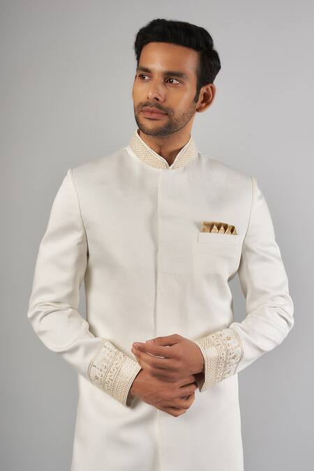 Buy_Spring Break_White Cotton Satin Embroidery Collar And Hem Sherwani Set _Online_at_Aza_Fashions