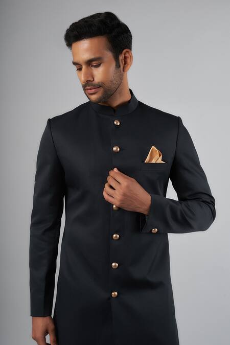 Buy_Spring Break_Blue Silk, Cotton Solid Button Down Sherwani Set _Online_at_Aza_Fashions