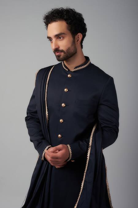 Buy_Spring Break_Blue Silk Embroidery Collar Sherwani Pant Set _Online_at_Aza_Fashions