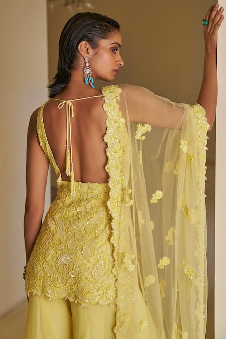 Seema Gujral Yellow Georgette Sequins, Beads Tonal Paisley Embroidered Tunic Sharara Set Online at Aza Fashions Seema Gujral_Yellow Georgette Sequins, Beads Tonal Paisley Embroidered Tunic Sharara Set _Online_at_Aza_Fashions