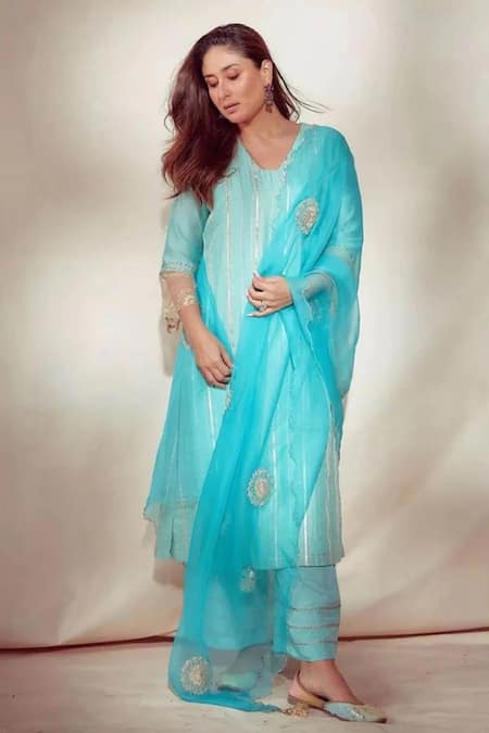 Devnaagri_Blue Shantoon And Organza, Chanderi Work Blunt V Neck Kurta Palazzo Set _Online_at_Aza_Fashions