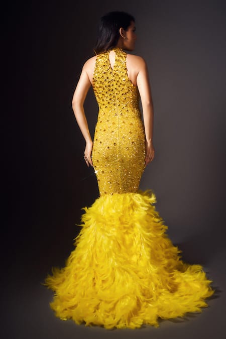 Chisel By Meghna Ramrakhiya 3D Feather Embellished Trail Gown 