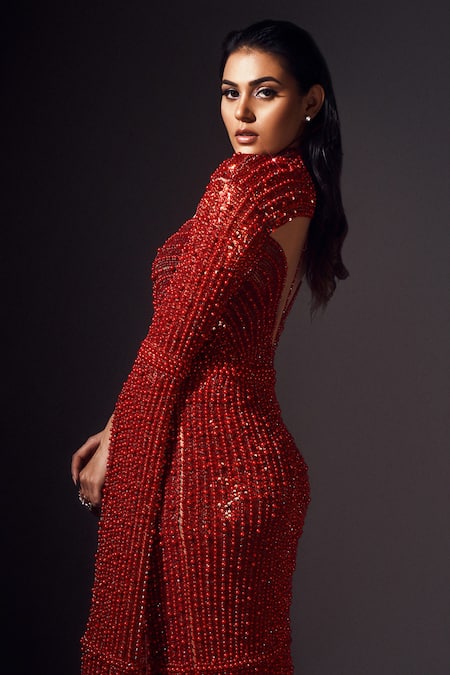 Buy_Chisel By Meghna Ramrakhiya_Red Net Pearls, Sequins High Neck, Sweetheart Embellished Draped Bodycon Gown _Online_at_Aza_Fashions