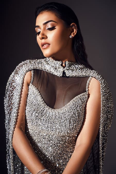 Buy_Chisel By Meghna Ramrakhiya_Silver Net Pearls, Sequins High Neck Embellished Bodycon Gown With Cape _Online_at_Aza_Fashions