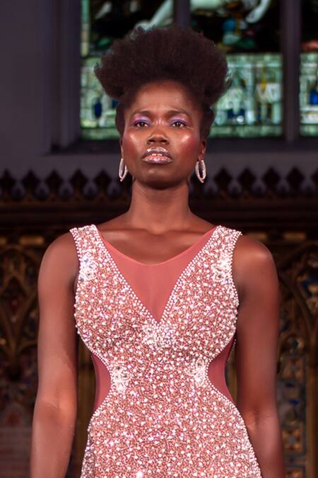 Chisel By Meghna Ramrakhiya_Pink Net Cut Work, Pearls, Sequins Round Neck Hand Embellished Bodycon Dress _Online_at_Aza_Fashions