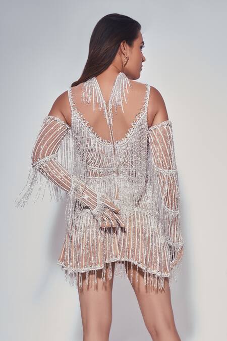 Shop_Chisel By Meghna Ramrakhiya_Beige Net Tassels, Cut Work V-neck Embellished Dress With Pair Of Gloves _Online_at_Aza_Fashions
