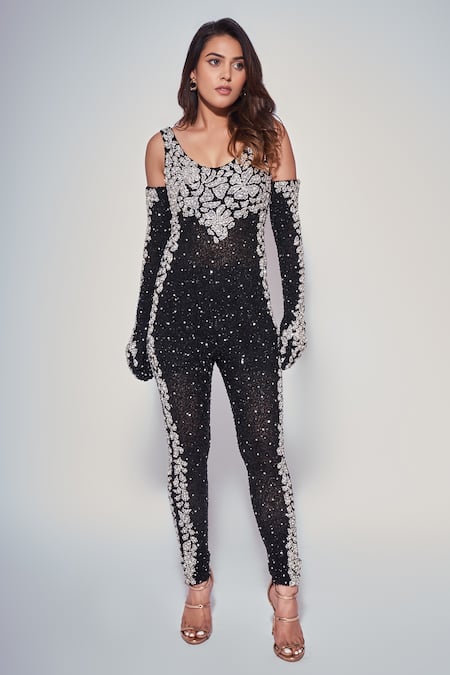 Buy Black Stretchable Net Hand Bodycon Jumpsuit With Pair Of Gloves For  Women by Chisel by Meghna Ramrakhiya Online at Aza Fashions.