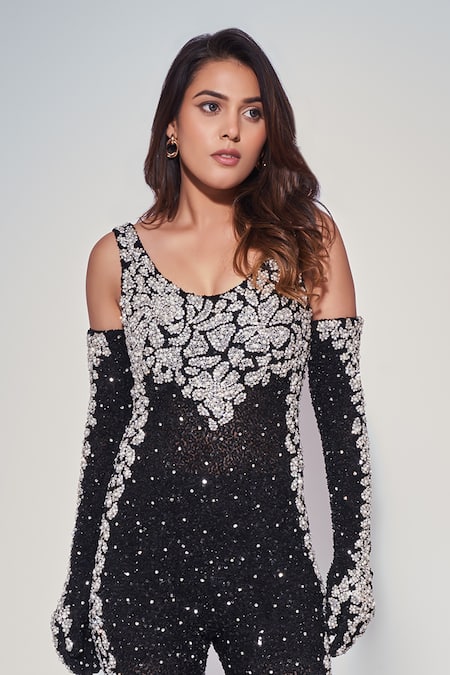 Chisel By Meghna Ramrakhiya_Black Net Cut Work, Pearls, Embellished Bodycon Jumpsuit With Pair Of Gloves _Online_at_Aza_Fashions