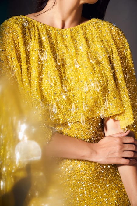 Chisel By Meghna Ramrakhiya_Yellow Net Sequins, Cut Work Round Neck Hand Embellished Bodycon Cape Gown _Online_at_Aza_Fashions