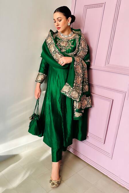 Pink City By Sarika Emerald Green Organza, Silk, Chanderi Embellished Lotus Anarkali Pant Set at Aza Fashions Pink City By Sarika_Emerald Green Organza, Silk, Chanderi Embellished Lotus Anarkali Pant Set _at_Aza_Fashions