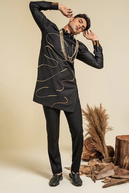 Buy Abkasa Black Terry Rayon Hand Embroidered Beads Kurta And Trouser Set Online at Aza Fashions Buy_Abkasa_Black Terry Rayon Hand Embroidered Beads Kurta And Trouser Set _Online_at_Aza_Fashions