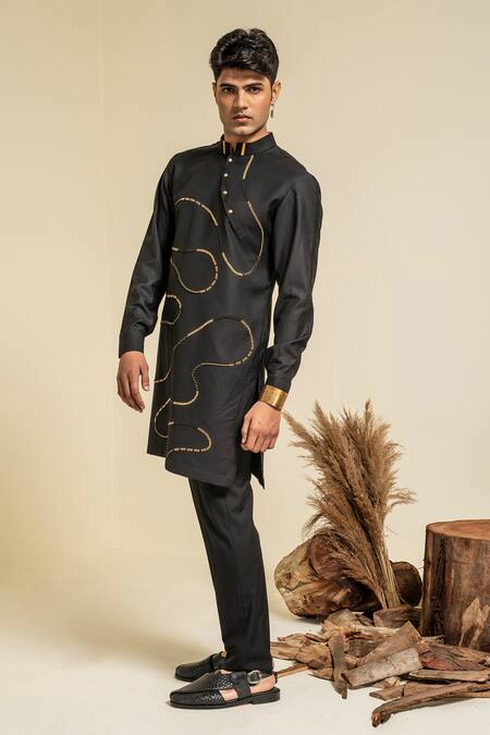 Shop Abkasa Black Terry Rayon Hand Embroidered Beads Kurta And Trouser Set Online at Aza Fashions Shop_Abkasa_Black Terry Rayon Hand Embroidered Beads Kurta And Trouser Set _Online_at_Aza_Fashions