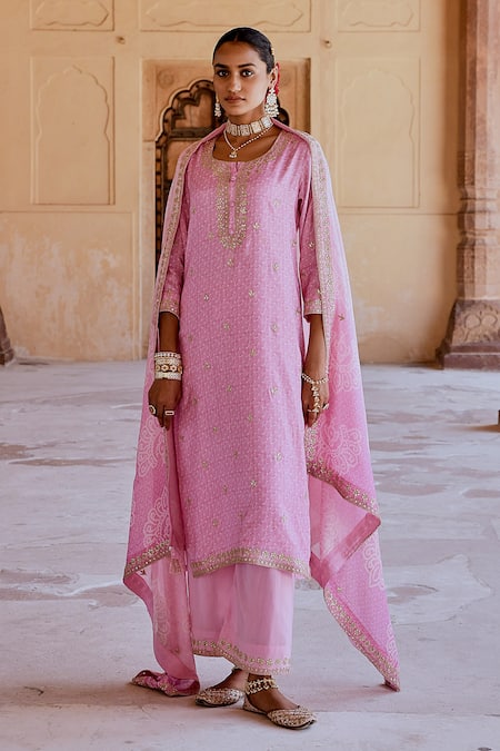 Buy Karaj Jaipur Pink Muslin Embroidery Round Neck Straight Kurta Pant Set Online at Aza Fashions Buy_Karaj Jaipur_Pink Muslin Embroidery Round Neck Straight Kurta Pant Set _Online_at_Aza_Fashions