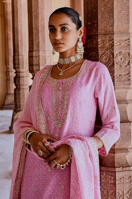 Shop Karaj Jaipur Pink Muslin Embroidery Round Neck Straight Kurta Pant Set Online at Aza Fashions Shop_Karaj Jaipur_Pink Muslin Embroidery Round Neck Straight Kurta Pant Set _Online_at_Aza_Fashions