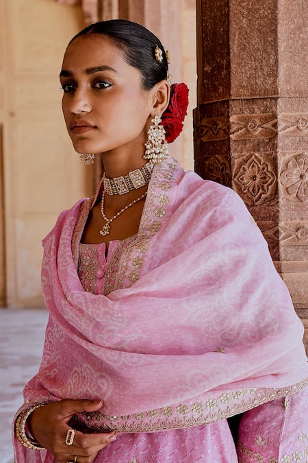 Karaj Jaipur Pink Muslin Embroidery Round Neck Straight Kurta Pant Set at Aza Fashions Karaj Jaipur_Pink Muslin Embroidery Round Neck Straight Kurta Pant Set _at_Aza_Fashions