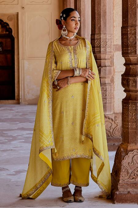 Shop Karaj Jaipur Yellow Muslin Embroidery Round Neck Kurta Pant Set Online at Aza Fashions Shop_Karaj Jaipur_Yellow Muslin Embroidery Round Neck Kurta Pant Set _Online_at_Aza_Fashions