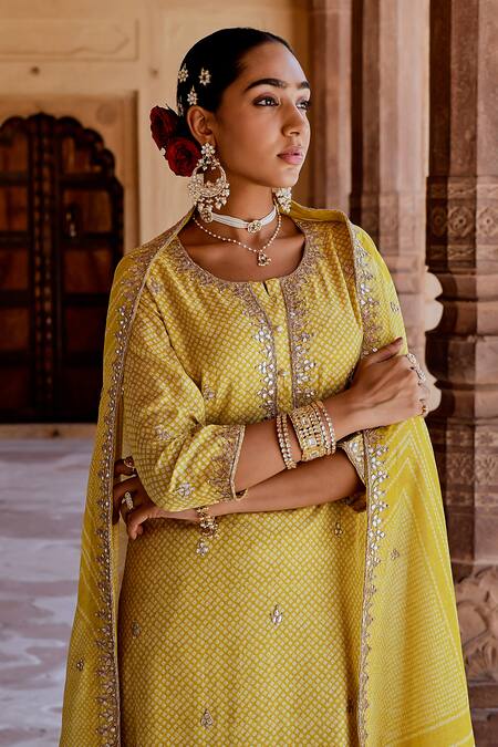 Buy Karaj Jaipur Yellow Muslin Embroidery Round Neck Kurta Pant Set Buy_Karaj Jaipur_Yellow Muslin Embroidery Round Neck Kurta Pant Set