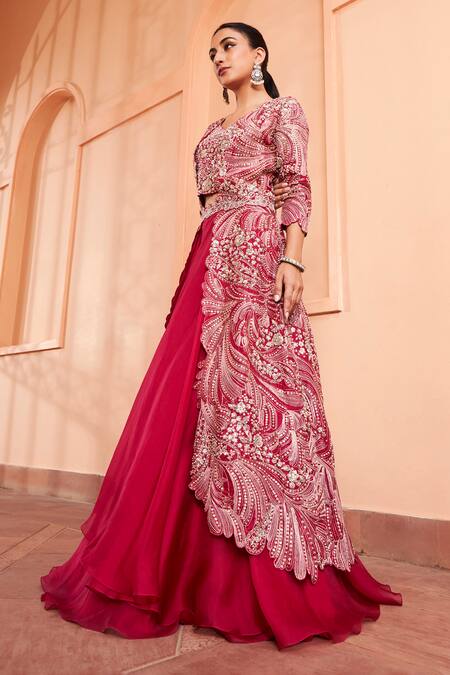 Buy Osaa By Adarsh Red Organza Zari, Embroidery V-neck Zardozi Jacket Skirt Set Online at Aza Fashions Buy_Osaa By Adarsh_Red Organza Zari, Embroidery V-neck Zardozi Jacket Skirt Set_Online_at_Aza_Fashions