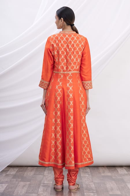 Shop Gopi Vaid Orange Anarkali Silk Brocade, Tussar Silk Churidar Embroidered Kurta Set at Aza Fashions Shop_Gopi Vaid_Orange Anarkali Silk Brocade, Tussar Silk Churidar Embroidered Kurta Set _at_Aza_Fashions