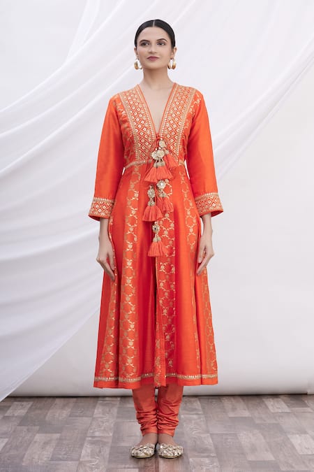 Buy Gopi Vaid Orange Anarkali Silk Brocade, Tussar Silk Churidar Embroidered Kurta Set Online at Aza Fashions Buy_Gopi Vaid_Orange Anarkali Silk Brocade, Tussar Silk Churidar Embroidered Kurta Set _Online_at_Aza_Fashions
