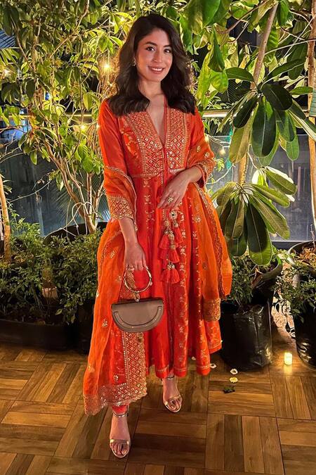 Shop Gopi Vaid Orange Anarkali Silk Brocade, Tussar Silk Churidar Embroidered Kurta Set Shop_Gopi Vaid_Orange Anarkali Silk Brocade, Tussar Silk Churidar Embroidered Kurta Set