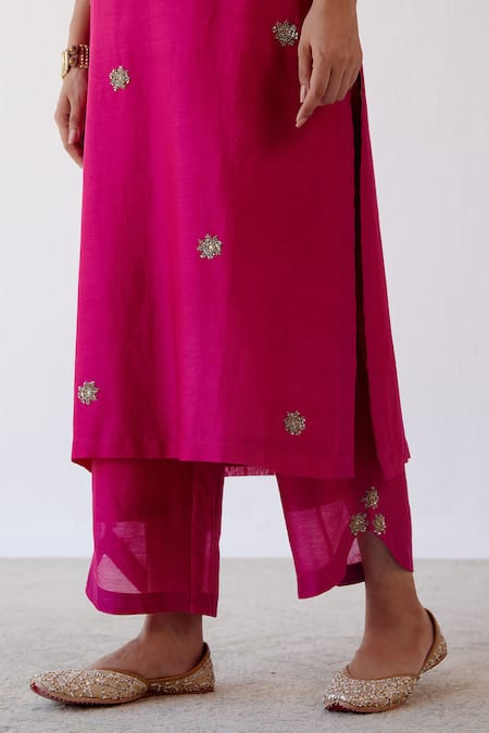 Shop_Devnaagri_Fuchsia Chanderi, Shantoon And Kota Silk Sequins, Embroidered Kurta Palazzo Set _Online_at_Aza_Fashions