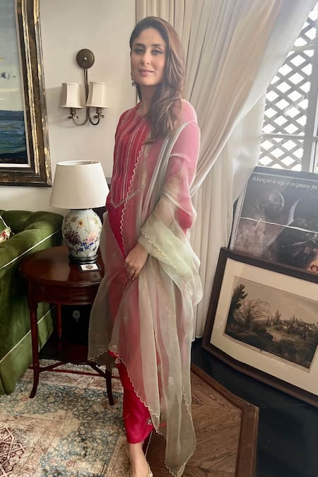 Buy_Devnaagri_Fuchsia Chanderi, Shantoon And Kota Silk Sequins, Embroidered Kurta Palazzo Set 