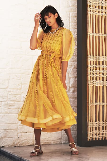 Vidhi Wadhwani Yellow Silk Organza Round Applique Dress 