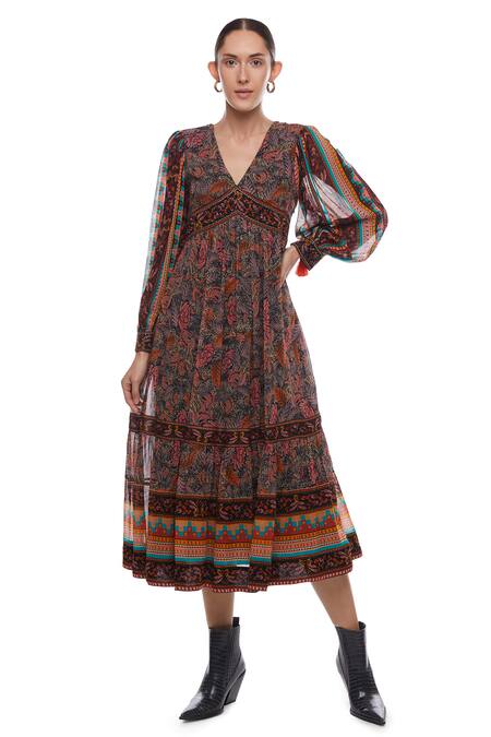 Buy Multi Color Viscose Georgette Embroidery V Neck Floral Print Dress ...