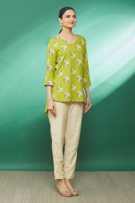Buy_Samyukta Singhania_Green Peacock Print Short Tunic _Online_at_Aza_Fashions