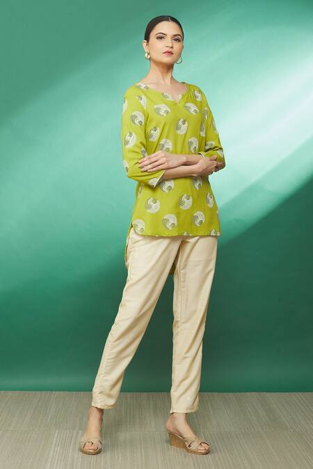 Shop_Samyukta Singhania_Green Peacock Print Short Tunic _Online_at_Aza_Fashions