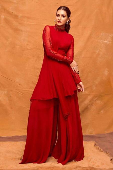 Shop_Mahima Mahajan_Red Net, Georgette, Shantoon High Neck Peplum Kurta And Palazzo Set_Online_at_Aza_Fashions