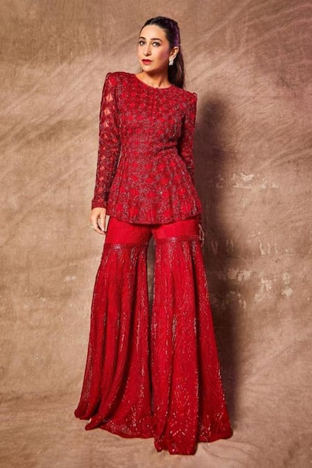Ritika Mirchandani_Red Net, Crepe Silk Round Embroidered Kurta And Sharara Set _at_Aza_Fashions