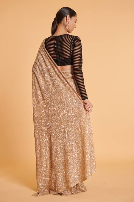 Shop Siddartha Tytler Gold Net Sequins High Neck Embroidered Saree With Blouse at Aza Fashions Shop_Siddartha Tytler_Gold Net Sequins High Neck Embroidered Saree With Blouse _at_Aza_Fashions