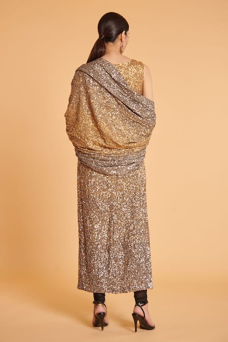 Shop Siddartha Tytler Gold Georgette, Lycra Sequins V-neck Embroidered Kurta And Churidar Set at Aza Fashions Shop_Siddartha Tytler_Gold Georgette, Lycra Sequins V-neck Embroidered Kurta And Churidar Set _at_Aza_Fashions