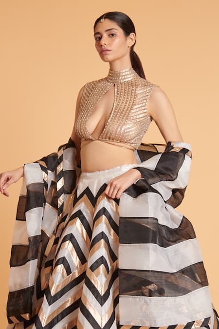 Siddartha Tytler Ivory Organza Crystals, Zari, Embroidery Round Neck Chevron Woven Lehenga Set Online at Aza Fashions Siddartha Tytler_Ivory Organza Crystals, Zari, Embroidery Round Neck Chevron Woven Lehenga Set _Online_at_Aza_Fashions