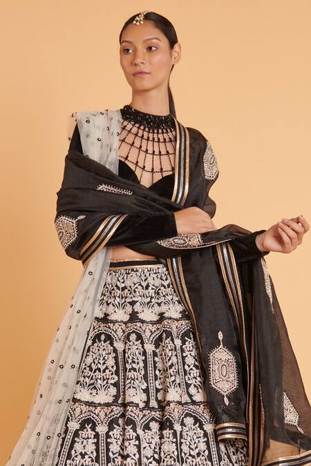 Siddartha Tytler_Ivory Velvet, Tussar, Organza Crystals, Pearls, Zari Embroidered Lehenga Set _Online_at_Aza_Fashions