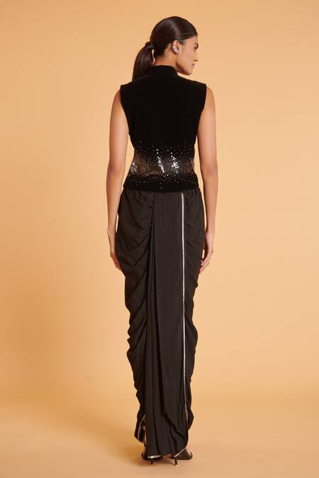 Shop_Siddartha Tytler_Black Rayon Plain Solid Pre-draped Dhoti Pant  _at_Aza_Fashions