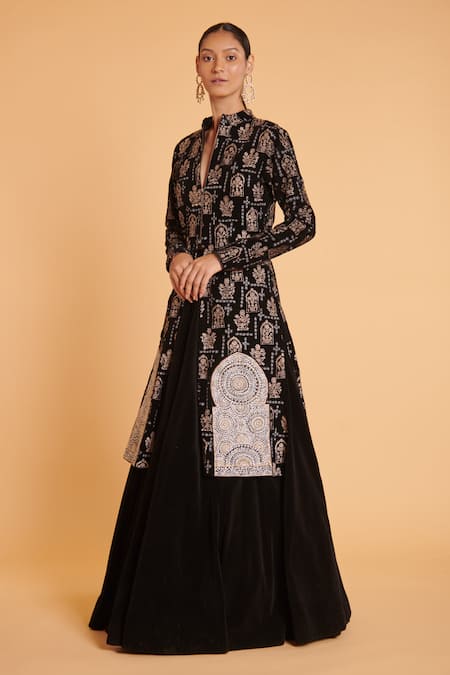 Siddartha Tytler Black Velvet Embroidery Thread Mandarin Collar Sherwani And Skirt Set 