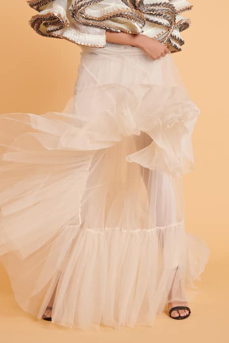 Siddartha Tytler_Ivory Net Pleated Tiered Skirt _Online_at_Aza_Fashions
