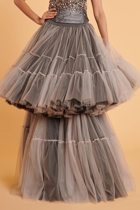 Siddartha Tytler Grey Net Pleated Layered Skirt Online at Aza Fashions Siddartha Tytler_Grey Net Pleated Layered Skirt _Online_at_Aza_Fashions