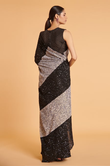 Shop Siddartha Tytler Ivory Net Embroidery, Sequins Round Neck Saree With Blouse at Aza Fashions Shop_Siddartha Tytler_Ivory Net Embroidery, Sequins Round Neck Saree With Blouse _at_Aza_Fashions