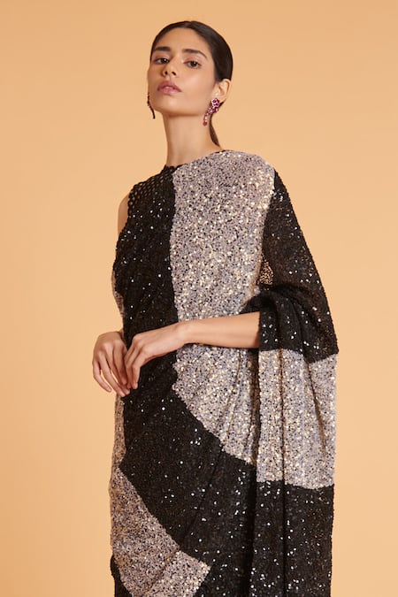 Siddartha Tytler Ivory Net Embroidery, Sequins Round Neck Saree With Blouse Online at Aza Fashions Siddartha Tytler_Ivory Net Embroidery, Sequins Round Neck Saree With Blouse _Online_at_Aza_Fashions