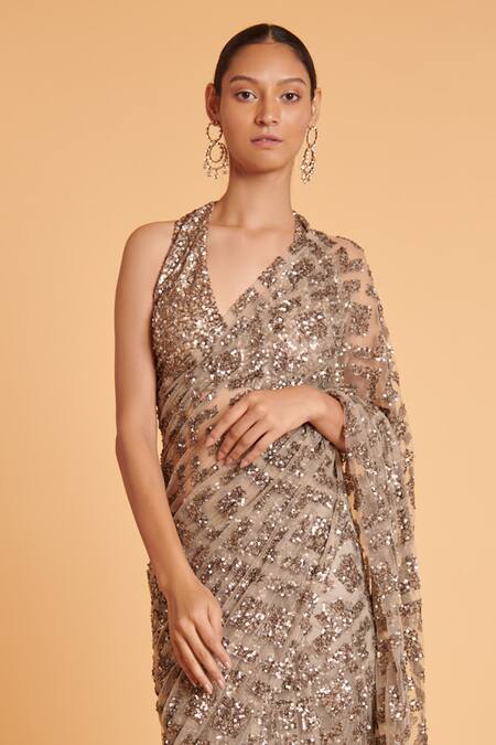 Siddartha Tytler Grey Net Sequins Halter Neck Hand Embroidered Saree With Blouse Online at Aza Fashions Siddartha Tytler_Grey Net Sequins Halter Neck Hand Embroidered Saree With Blouse _Online_at_Aza_Fashions
