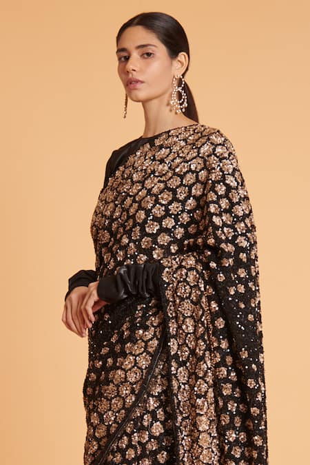 Siddartha Tytler_Black Net Sequins Round Neck Honeycomb Embroidered Saree With Blouse _Online_at_Aza_Fashions