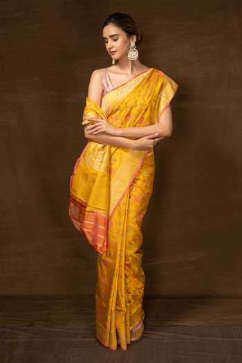 Vishwa By Pinki Sinha_Yellow Silk Embroidery Padma Woven Banarasi Saree With Running Blouse_Online_at_Aza_Fashions