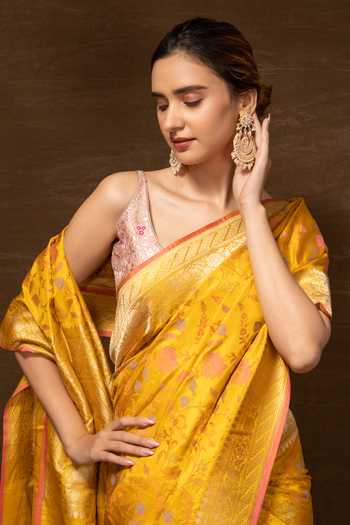 Buy_Vishwa By Pinki Sinha_Yellow Silk Embroidery Padma Woven Banarasi Saree With Running Blouse_Online_at_Aza_Fashions