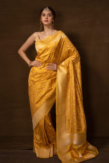 Pinki Sinha Yellow Pure Silk Handwoven Geometric Bloom Banarasi Saree With Running Blouse
