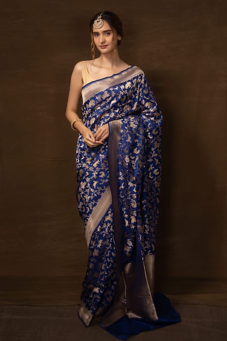 VISHWA BY PINKI SINHA Blue Pure Silk Handwoven Royal Forest Banarasi Saree With Running Blouse 